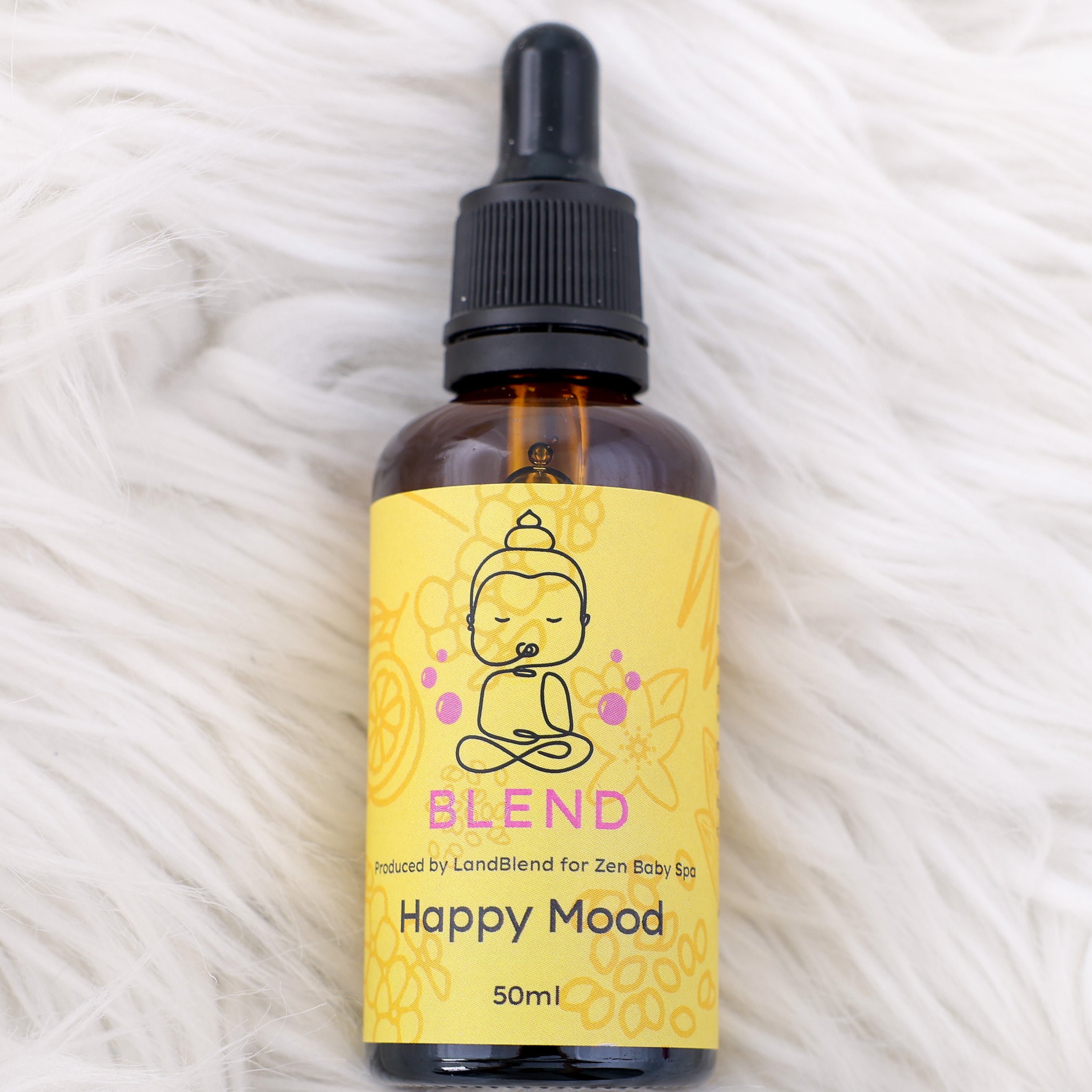 Happy Mood Blend: Sweet Almond oil + Sesame oil + Flaxseeds Oil+ Neroli EO + Ylang Ylang EO + Lemon EO + Geranium EO