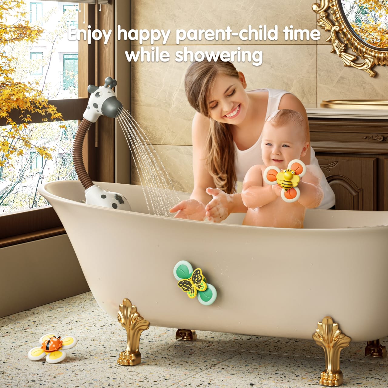 white Bath Toys Zebra & Spin Set